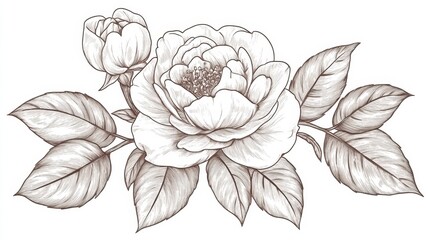 Wall Mural - Elegant line art of a blooming rose, sketched in continuous black strokes on a white background.
