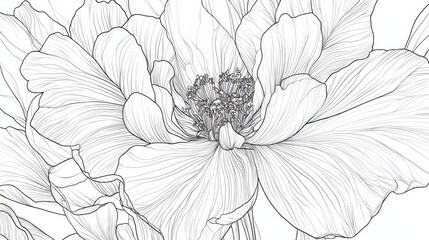 Wall Mural - Elegant vector line art of a blooming rose, its details captured in continuous black strokes on white.