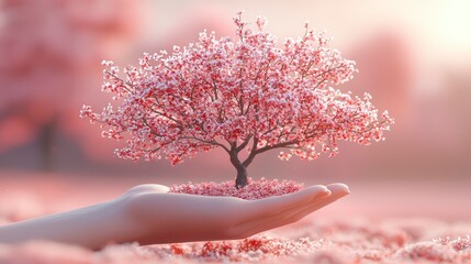 Sticker - A hand gently cradles a small, blossoming tree covered in pink frost.