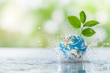 A blue planet with a leaf on top of it is surrounded by water