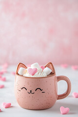 Wall Mural - A pink mug with a cat on it and marshmallows on top