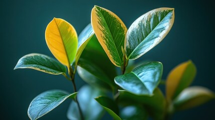 Wall Mural - Close-up of vibrant green and yellow variegated plant leaves against a dark teal background.