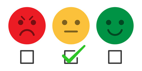Fototapete - Feedback and customer rating emoji set with angry, normal and happy face with checkmark. Rating emoji set with check box and tick mark for customer feedback and product experience.