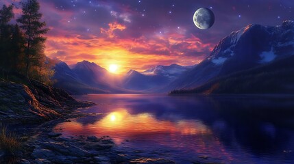 Canvas Print - Majestic sunset over tranquil lake mirroring vibrant sky, moon, and snow-capped mountains.