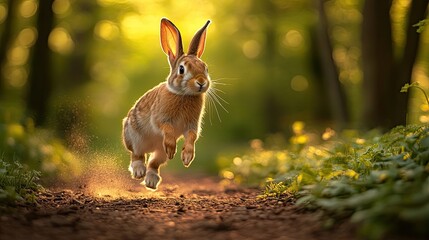 Wall Mural - rabbit leaping on forest path, sunlight bokeh.