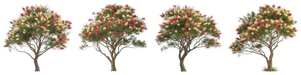 Wall Mural - Four Red and Cream Callistemon Trees, Isolated on White Background, 3D Render, Floral Composition, Botanical Illustration, Callistemon, 3D rendering, Plant