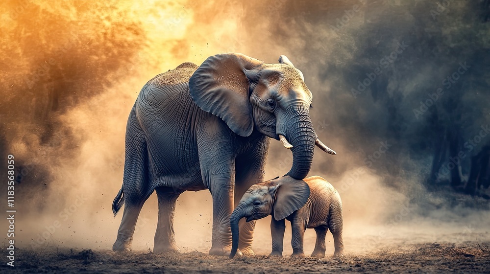 Elephant mother and calf in African savanna sunset, dust cloud ...