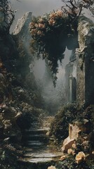 Poster - Enchanted Garden: A Mystical Landscape of Ruins and Flowers