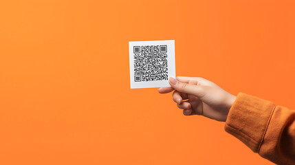 Close up hand holding a piece of paper with a QR code against orange background