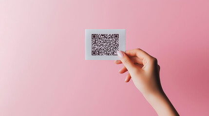 Close up hand holding a piece of paper with a QR code against pink background