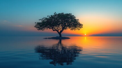 Wall Mural - Solitary tree silhouetted against a vibrant sunset reflected in calm water. (2)