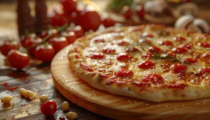 Sticker - A delicious-looking pizza with melted cheese and cherry tomatoes, served on a wooden board with fresh ingredients surrounding it.