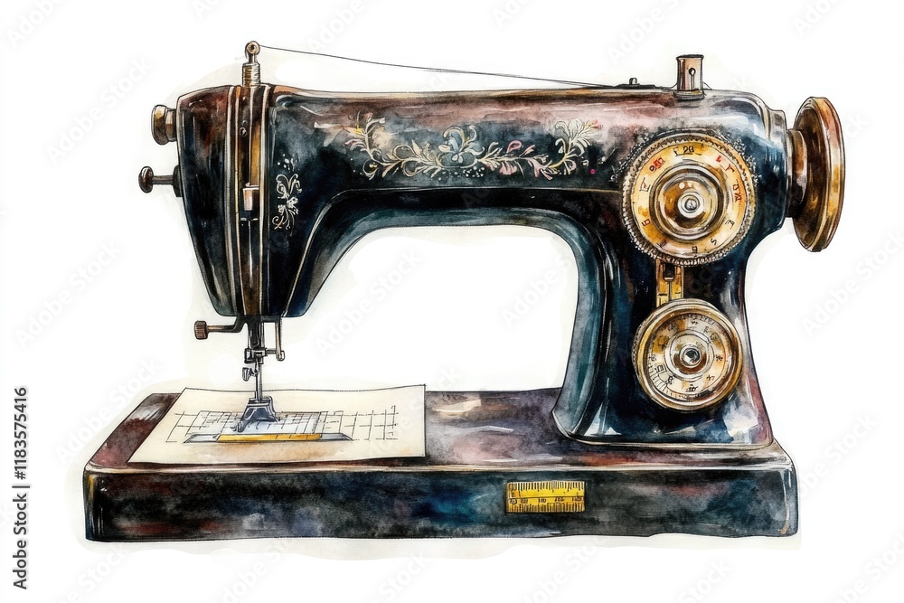 Watercolor Illustration of a Classic Vintage Sewing Machine with ...