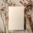 © zen - high shot, mockup for a 5x7 vertical empty greeting card, in the background bohemian dry wildflowers pink and beige, beautiful light, industrial feel, high detail