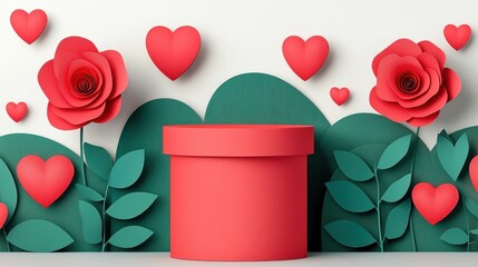 Poster - Creative Valentine's Day podium with paper cut out concept. Red gift box surrounded by paper roses and hearts on a green backdrop