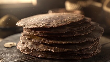 Sticker - A stack of thin, brown, flatbreads on a rustic wooden table.