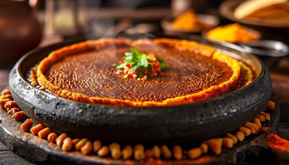 Canvas Print - A close-up of a steaming dish of Brazilian feijoada, a hearty stew of black beans, pork, and other ingredients, served in a traditional clay pot with garnishes of parsley and chilies.