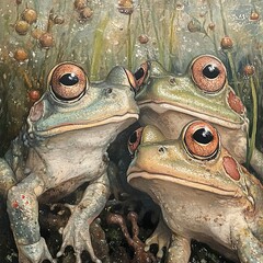 Poster - Three Curious Frogs: A Close-Up Look into Nature's Beauty