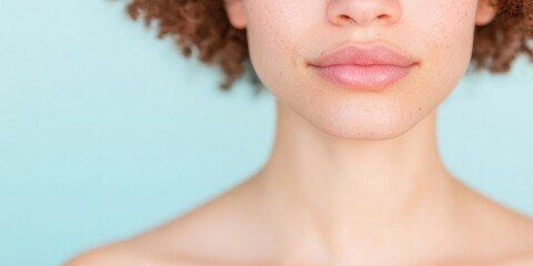 Aufkleber - Close-Up of a Womans Lips and Shoulders Against Soft Blue Background