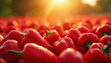 Sticker - Golden Hour Abundance A Field of Vibrant Red Bell Peppers Glistening with Dew Under the Warm Sunset Light