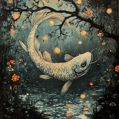 Wall Mural - Koi Fish in Moonlight: A Serene Aquatic Dreamscape