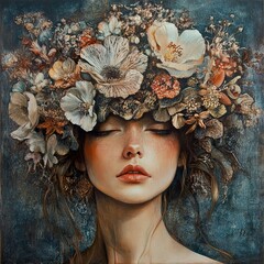 Canvas Print - Serene Woman with Floral Crown: A Painting of Peace and Beauty