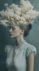 Canvas Print - Surreal Woman with Cloud and Flower Headpiece