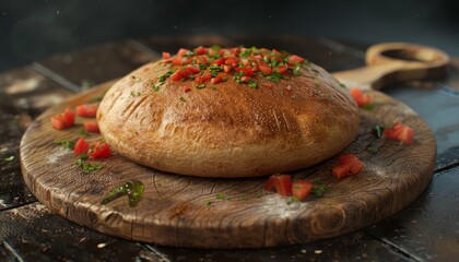 Sticker - Freshly baked bread topped with diced tomatoes and herbs, on a wooden cutting board.