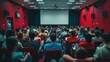 © liliyabatyrova - A large audience is seated in a lively theater, intently focusing on a presentation in a warm red-colored room. The atmosphere is filled with anticipation and curiosity