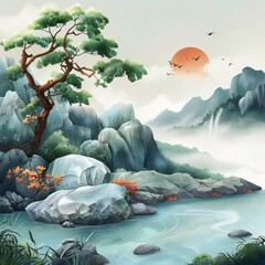 Wall Mural - Serene Asian landscape painting, sunset, rocks, river.