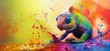 © Vergiliy - Vibrant Rainbow Iguana Crawling Through Colorful Splashes of Paint, Captivating Artistry and Nature Combined, copy space for text