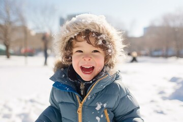 Wall Mural - Young child laughing and playing in snowy city park, enjoying winter weather