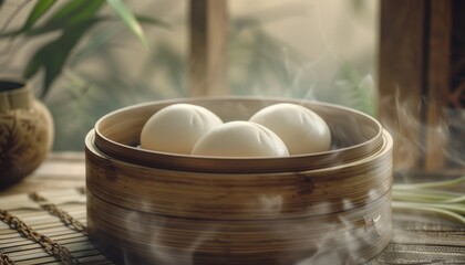 Sticker - Three steamed buns in a bamboo steamer, with steam rising, on a wooden table.