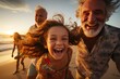 © nsit0108 - Grandparents enjoying a summer evening on the beach with their granddaughter, running and laughing together
