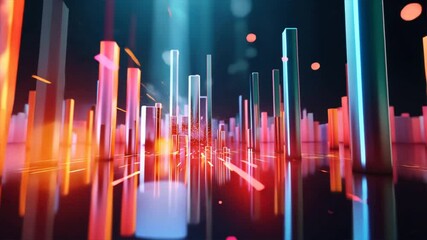 Poster - Vibrant Abstract Digital Landscape Colorful Vertical Bars and Glowing Lights Create Energetic Atmosphere with Dynamic Movement and Reflection.