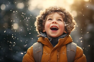 Wall Mural - Cheerful preschooler laughing and having fun during snowfall in a magical winter wonderland