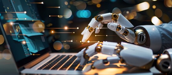 Robotic hands using a laptop.