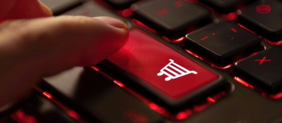 Finger pressing illuminated shopping cart button on a backlit keyboard.