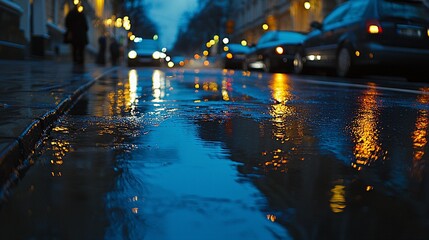 Canvas Print - A rainy street reflecting lights and cars in a city at dusk.