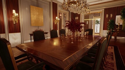 Wall Mural - A large wooden dining table is surrounded by black chairs