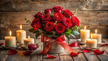 Wall Mural - A beautifully arranged bouquet of red roses in a decorative vase with candles and ribbons surrounding it , heart