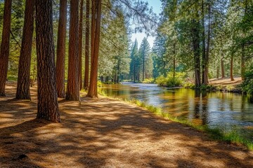 Wall Mural - Lush forest landscape with tall trees, serene river reflecting s