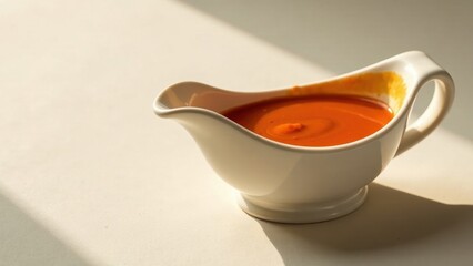 Wall Mural - Aromatic orange sauce in a pristine white gravy boat, bathed in sunlight