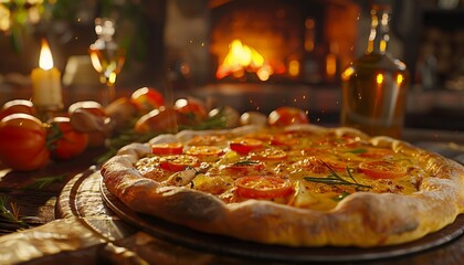 Sticker - A fresh, cheesy pizza on a wooden board with ingredients and a roaring fireplace in the background.