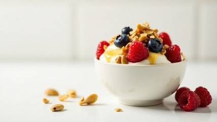 Sticker - A delightful bowl of creamy yogurt topped with crunchy granola, sweet raspberries, and juicy blueberries, drizzled with honey.