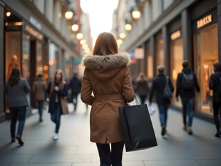 Wall Mural - A woman walks around the city after shopping. Buying clothes. Black Friday Deals