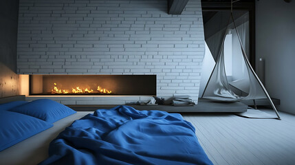 Poster - Bed with blue pillows and coverlet near fireplace against white brick wall, loft, scandinavian interior design of modern bedroom