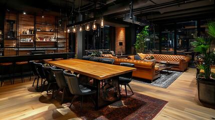 Poster - Black chairs and leather sofa at wooden dining table, interior design of modern dining room, technology