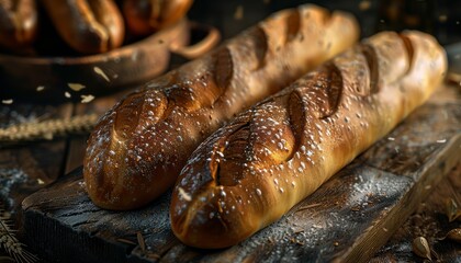 Sticker - Two freshly baked baguettes on a wooden board, with wheat grains scattered around.