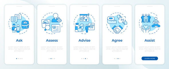 Wall Mural - obesity management blue onboarding mobile app screen. walkthrough 5 steps editable graphic instructi
